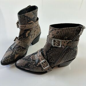 ALLSAINTS "Lior" Leather Snakeskin Embossed Booties in Taupe 38